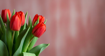 Obraz premium Beautiful Bouquet of Red Tulips on Blurred Pink Background