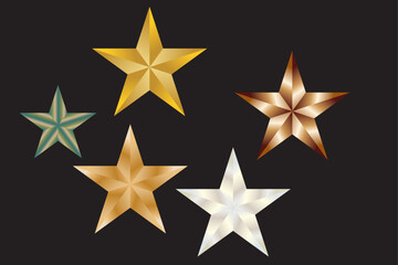 A digital graphic featuring five individual, five-pointed stars randomly arranged on a solid dark grey-to-black background, each star rendered with a distinct metallic, glossy gradient finish