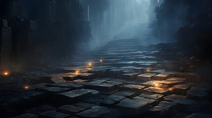 Wet stone tiles glowing from hidden light in distant fog