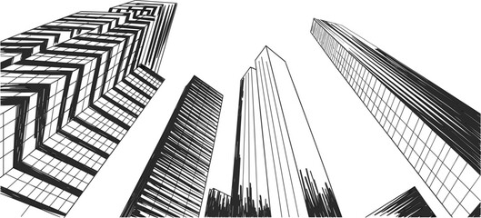Skyscrapers Low Angle View Vector Illustration, Cityscape Sketch, Urban Architecture Drawing, Modern Business District, Abstract Perspective Line Art © MdMajnur