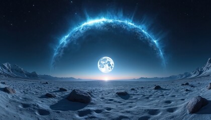 Stunning nightscape features glowing planet moon and starry sky over icy alien terrain. Expansive cosmic panorama reveals nebulae clouds and aurora effect. Distant mountains under celestial glow.