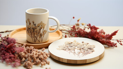 White Ceramic Mug and Coaster with Dried Flowers