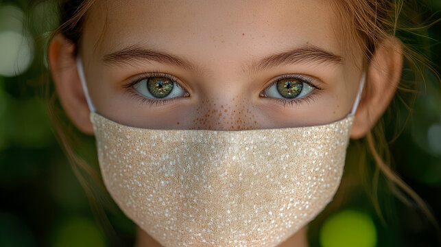 Close-up portrait of child with captivating green eyes and scattered freckles, wearing protective beige patterned face mask against blurred green background