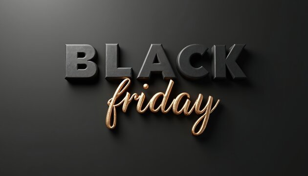 Black Friday event promo. Dark embossed 3D letters spell BLACK. Elegant golden textured script spells friday. Retail holiday sales season concept on simple background. Seasonal discount offer