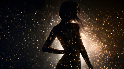 Womanâs silhouette in glittering sparkles on dark moody backdrop
