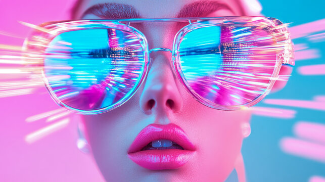 Captivating close-up portrait featuring glossy pink lips and futuristic clear glasses reflecting dazzling neon light trails in electric blue and vibrant pink, evoking dynamic digital future or metaver