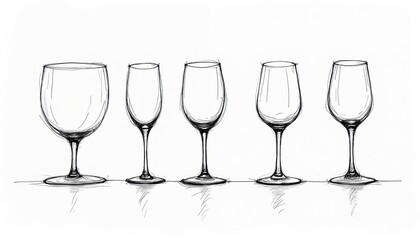 Five wine glasses are sketched with thin black lines. Various glass types on white background. Wineglass shapes differ in design, style. Graphic art suits menu design, bar, alcohol beverage concept