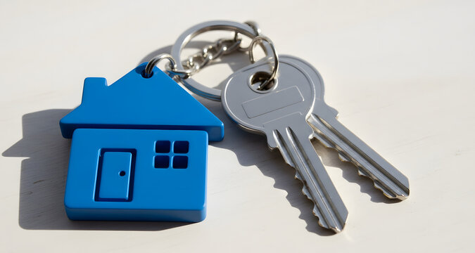 Silver Keys with Blue House-Shaped Keychain on White Background