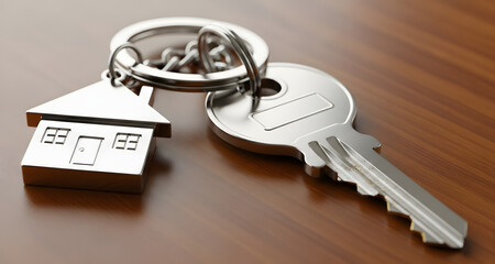 Silver House Keys with Metal House Keychain on Wooden Table