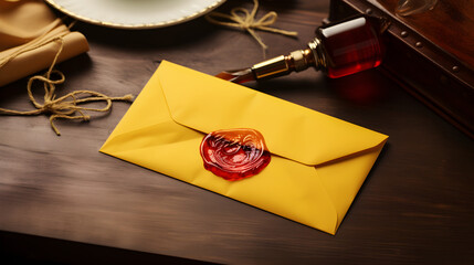 Yellow paper envelope sealed with red wax beside wooden fountain pen