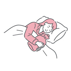 湯たんぽを抱きしめて安眠する女性のイラスト。