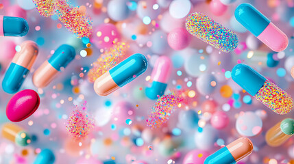 Vibrant and imaginative scene featuring assortment of glossy, two-toned capsules alongside sparkling, sprinkle-covered pills in pastel, ethereal environment.