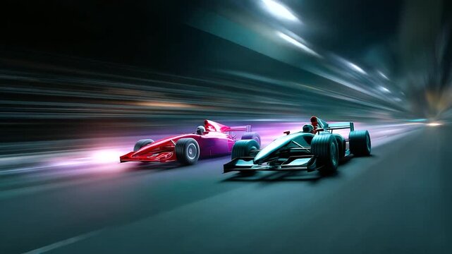 Motion-blurred side view of two open-wheel vehicles racing neck-and-neck, cockpits obscured in shadow, abstract streaks suggesting extreme speed, with copy space