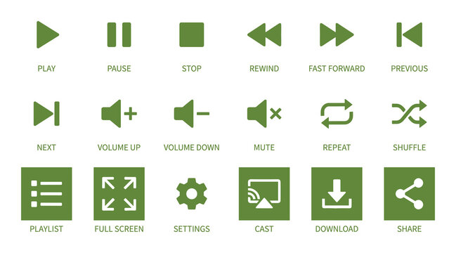 Media player control buttons including play pause stop next and previous functions for user interface design