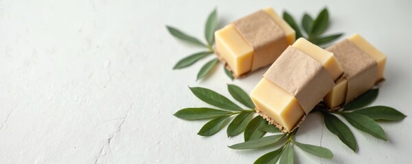 Handmade soap bars with craft paper and leaves are on a white texture. This photo can be used for spa relaxation or personal skincare products. Ideal for mockup eco friendly brand.