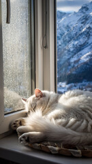 Cozy scene of a sleepy, white cat curled up on a windowsill, basking in sunlight. Serene, peaceful. Evokes relaxation, warmth, comfort. Perfect for pet or home design.
