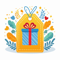 Vector illustration of a festive Christmas gift box with a red ribbon bow and holiday decoration elements for a happy birthday surprise or New Year celebration greeting card design