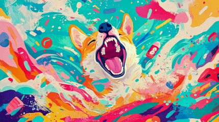 Vibrant pop art explosion featuring ecstatic Corgi dog with its mouth wide open amidst chaotic swirl of dynamic brushstrokes and confetti-like splashes in array of bright, joyful colors