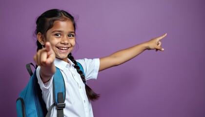Happy indian girl wearing school uniform, backpack points with fingers to side, indicating something. Cheerful kid smiles broadly against purple background. Primary school student ready for education.