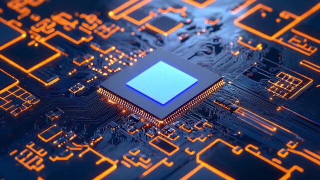 Close up of a glowing blue central processing unit chip on a dark electronic circuit board