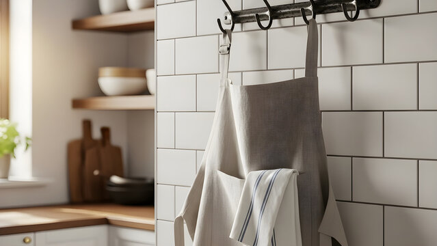 Cozy kitchen corner with hanging apron and wooden shelves displaying utensils and bowls