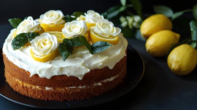 A richly frosted lemon layer cake decorated with white roses and fresh lemon slices sits on a dark plate