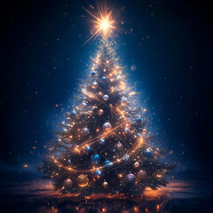 Magical Sparkling Christmas Tree with Golden Lights and Ornaments in the Dark
