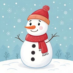 A clipart image of a snowman wearing a Christmas hat and scarf