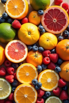 Arreglo de frutas c&iacute;tricas como naranjas jugosas, limones, limas y pomelos, bayas regordetas que incluyen fresas
