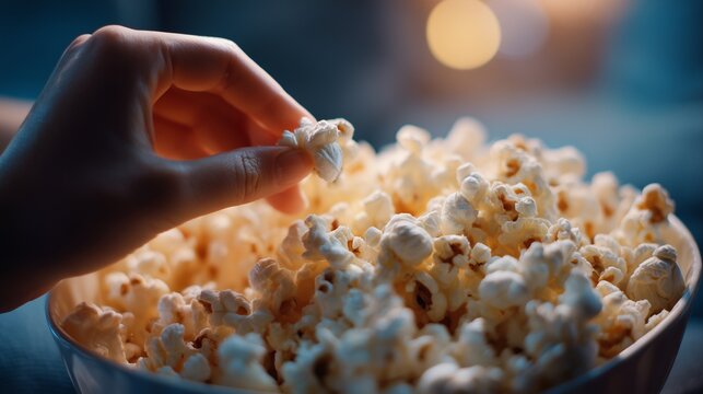 A close-up of a hand picking popcorn from a bowl against a cozy blurred background, creating a warm, inviting atmosphere.