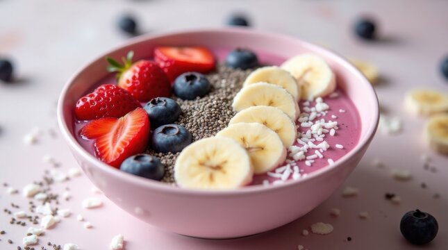 Taz&oacute;n lleno de una variedad de bayas jugosas, rodajas de pl&aacute;tano y cubierto con una generosa pizca de coco rallado y semillas
