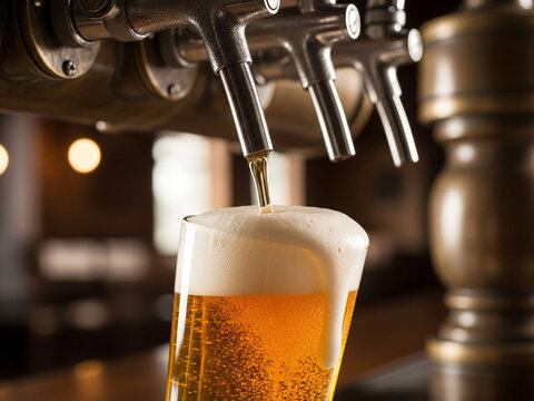 Refreshing Craft Beer Being Poured from a Tap into a Frothy Pint Glass