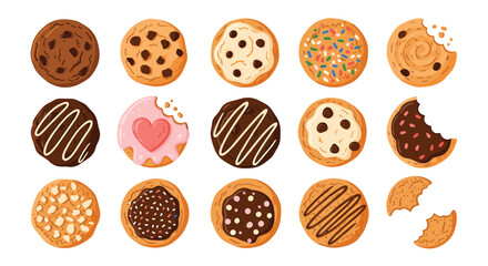A collection of colorful and delicious cartoon cookies, including chocolate chip, frosted, sprinkled, and nut varieties, some with bites taken out.