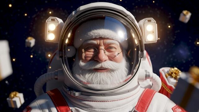 Santa Claus Astronaut Floating in Space with Christmas Gifts