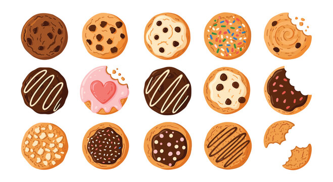 A collection of colorful and delicious cartoon cookies, including chocolate chip, frosted, sprinkled, and nut varieties, some with bites taken out.