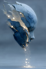 Surreal cracked marble face releasing glowing particles, ethereal abstract sculpture with floating fragments and soft blue atmosphere creating a mystical dreamlike visual composition
