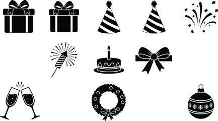 Festive Celebration Icons Set, Black and White Vector Pack Featuring Gifts, Party Hats, Fireworks, Cake, Champagne, Wreath, Ornament, Bow, Minimal Holiday Symbols