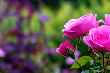 Close-up of vibrant pink roses in garden setting