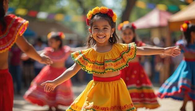 Young girl dances at Hispanic Heritage Month celebration. Smiling child wears traditional colorful dress. Festival features cultural performances joyful atmosphere.