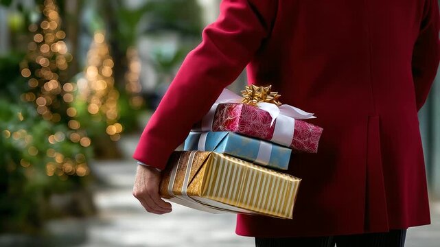 Back-view faceless elderly man in a red tailored coat walking with wrapped presents, soft-focus holiday decorations in background, with copy space