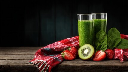 Fresh green smoothie with fruits spinach on rustic table