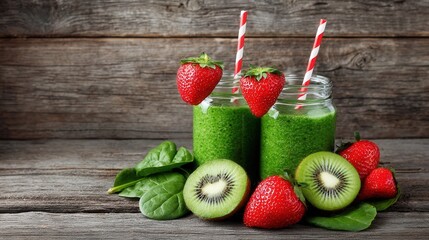 Fresh green smoothie with kiwi strawberries