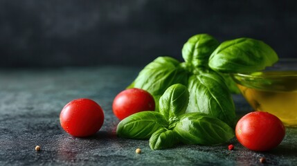 Fresh basil cherry tomatoes on rustic table