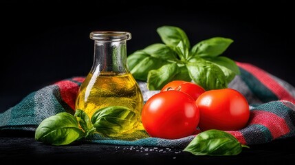 Fresh basil, juicy tomatoes, olive oil on black background