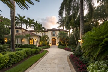 Tropical resort hotel with palm trees in garden and park