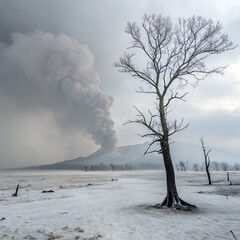 Dramatic Volcanic Eruption in a Snowy Winter Landscape with Bare Trees