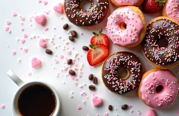 Colorful donuts with pink chocolate glaze, sprinkles on white surface. Sweet pastry dessert with fresh strawberries coffee beans, hot drink. Romantic breakfast treat with heart shaped candy for