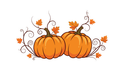 Two decorative orange pumpkins with whimsical autumn vines and vibrant fall leaves, an emblem of harvest season.