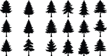 Grid of twenty black tree silhouettes, unique coniferous and deciduous shapes, botanical vector set, minimalist nature icons for pattern recognition and design.