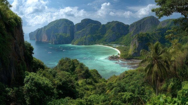 Scenic view of loh samah bay with turquoise waters, limestone cliffs, and lush tropical vegetation on phi phi island, thailand, featuring calm seaside reflections and clear sky